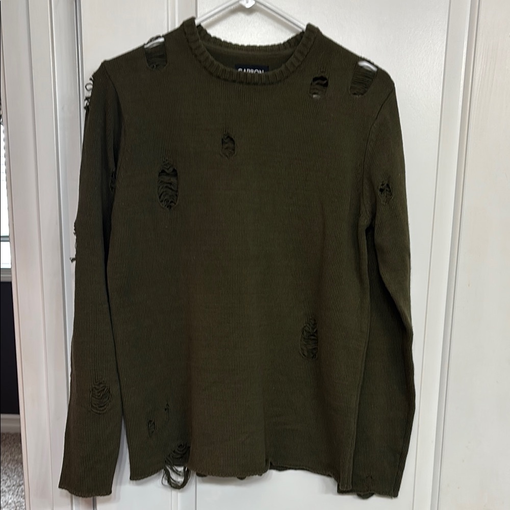 Distressed Crewneck Sweater - Olive Green Size Small